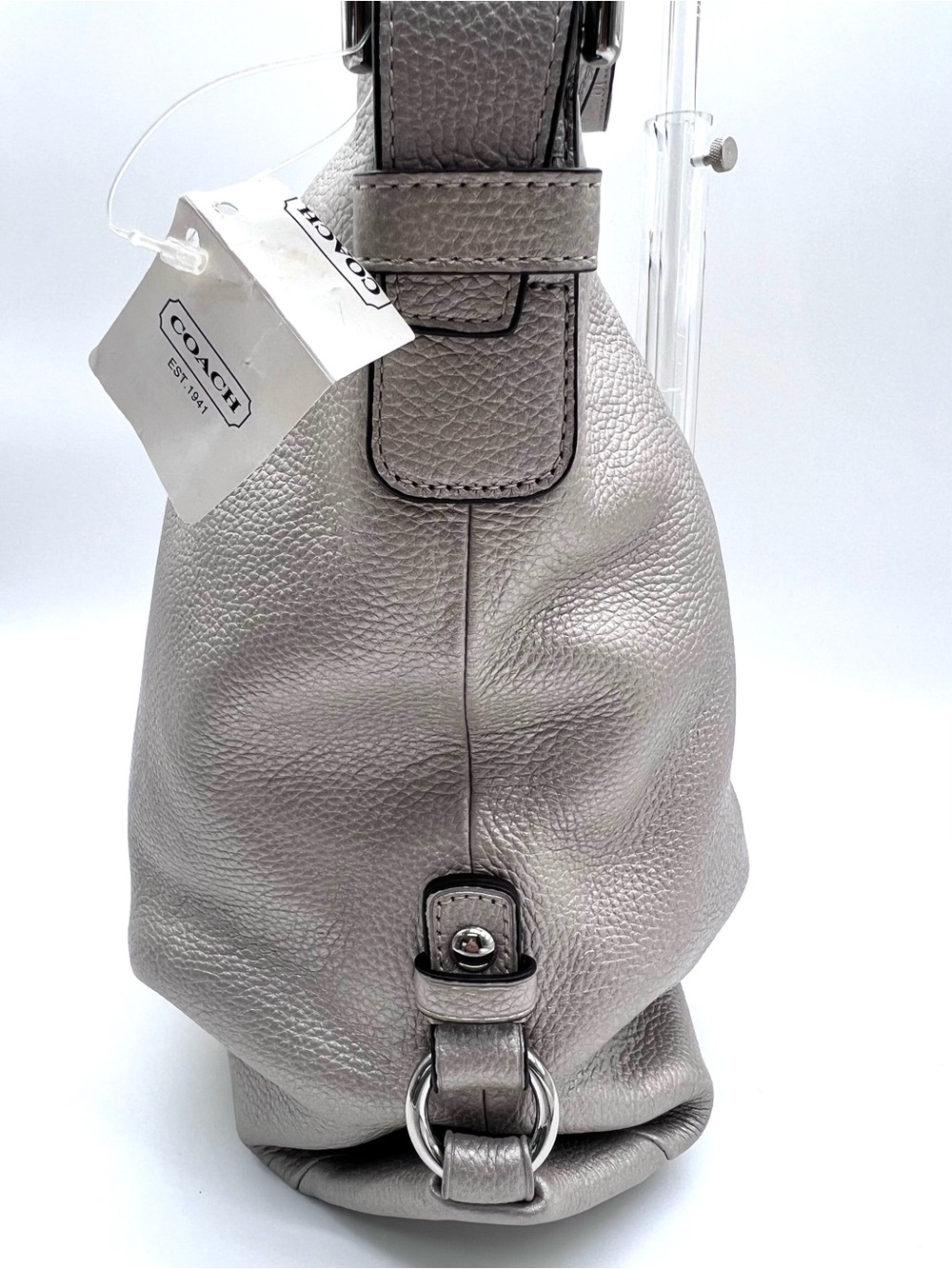 Coach Metallic Silver Pebbled Leather Duffle Shoulder Bag NWT - Picture 6 of 16